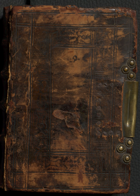 16th century blind-tooled leather binding over wooden boards. Front cover of 'A collection of magical formulae with some Christian prayers'.