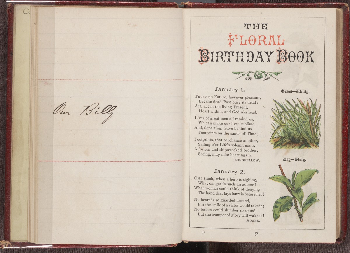 Birthday calendar, first page with inscription on facing page