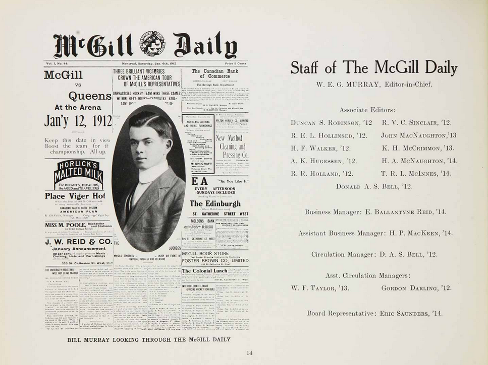 McGill Daily staff page from the 1913 Old McGill Yearbook - Shows a portrait of Bill Murray superimposed over the front page of the McGill Daily issue Vol. 1, No 44, Montreal, Saturday, January 6th 1912