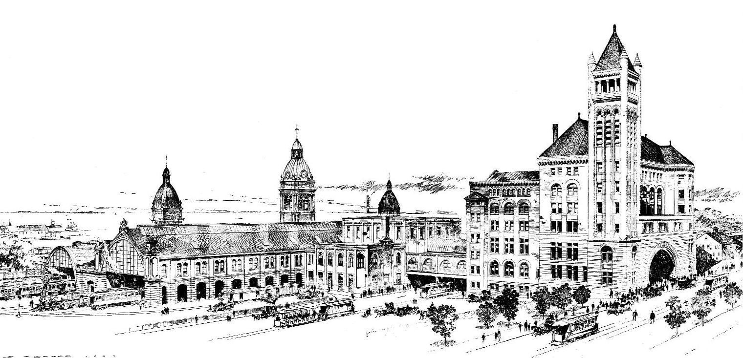 Architectural sketch Union Station, Toronto by architects Strickland & Symons. From The Canadian Architect and Builder, Volume 7 (1894), Issue 9, Plates 2a and 2b 