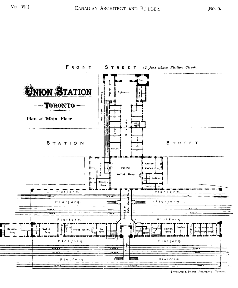 Plan of Main Floor. Union Station, Toronto by by architects Strickland & Symons.  From The Canadian Architect and Builder, Volume 7 (1894), Issue 9, Plate 1 