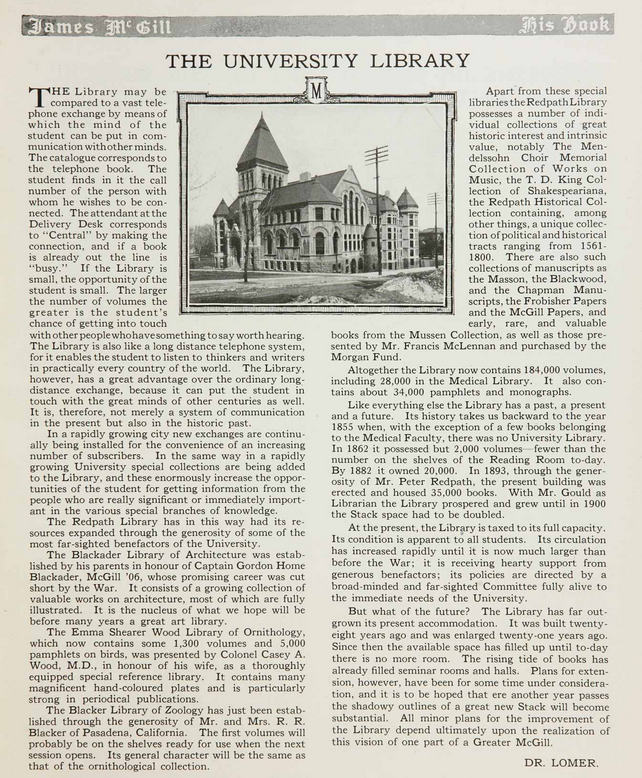 The University Library by Dr. Lorme. Pg 117 of 1922 Old McGill Yearbook.