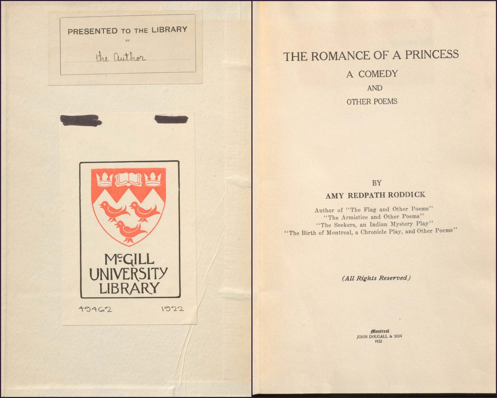Front inside cover & title page of The romance of a princess : a comedy, and other poems by Amy Redpath Roddick (1922)