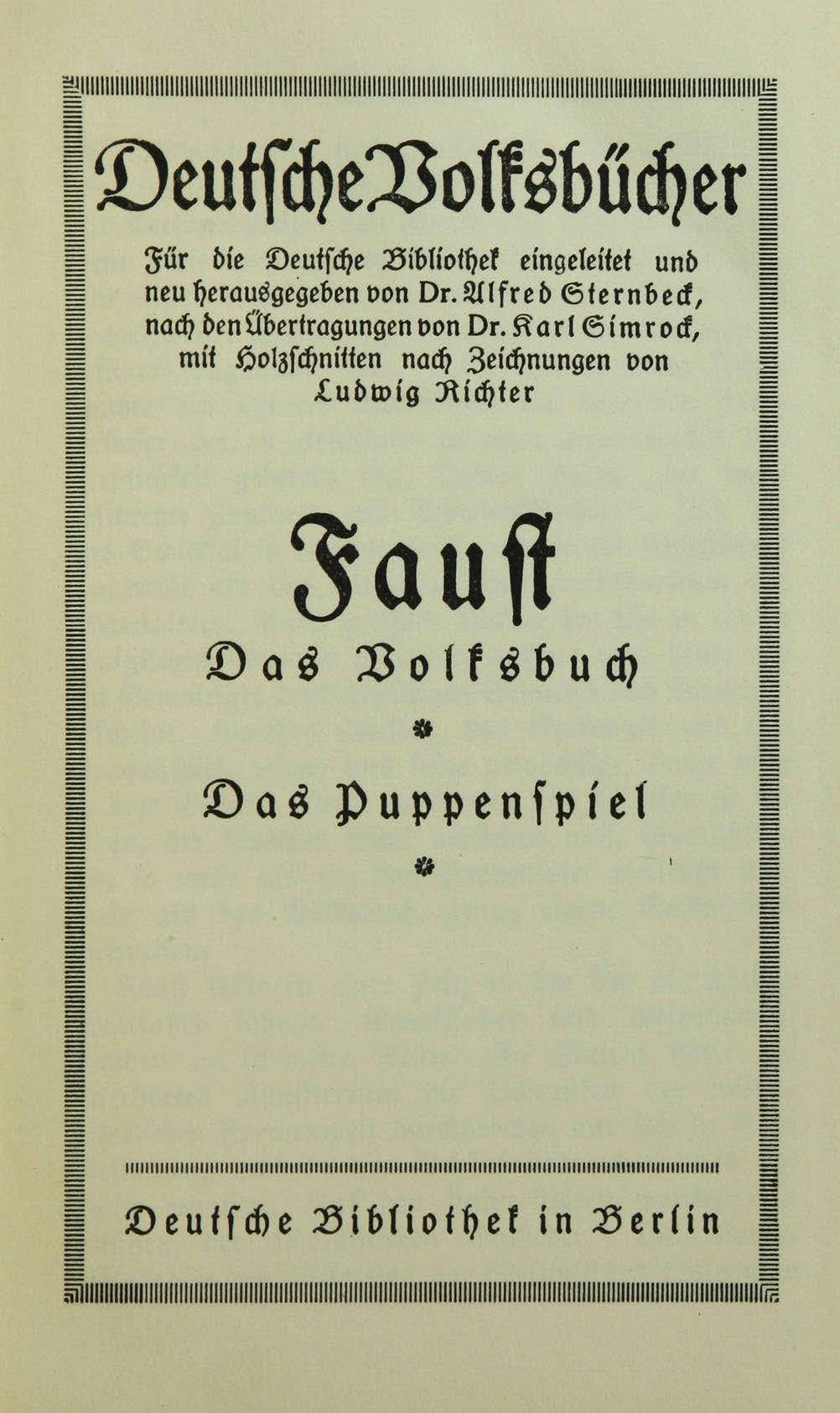 Title page of Simrock, K. J. (1924). Faust: Das Volksbuch, das Puppenspiel.