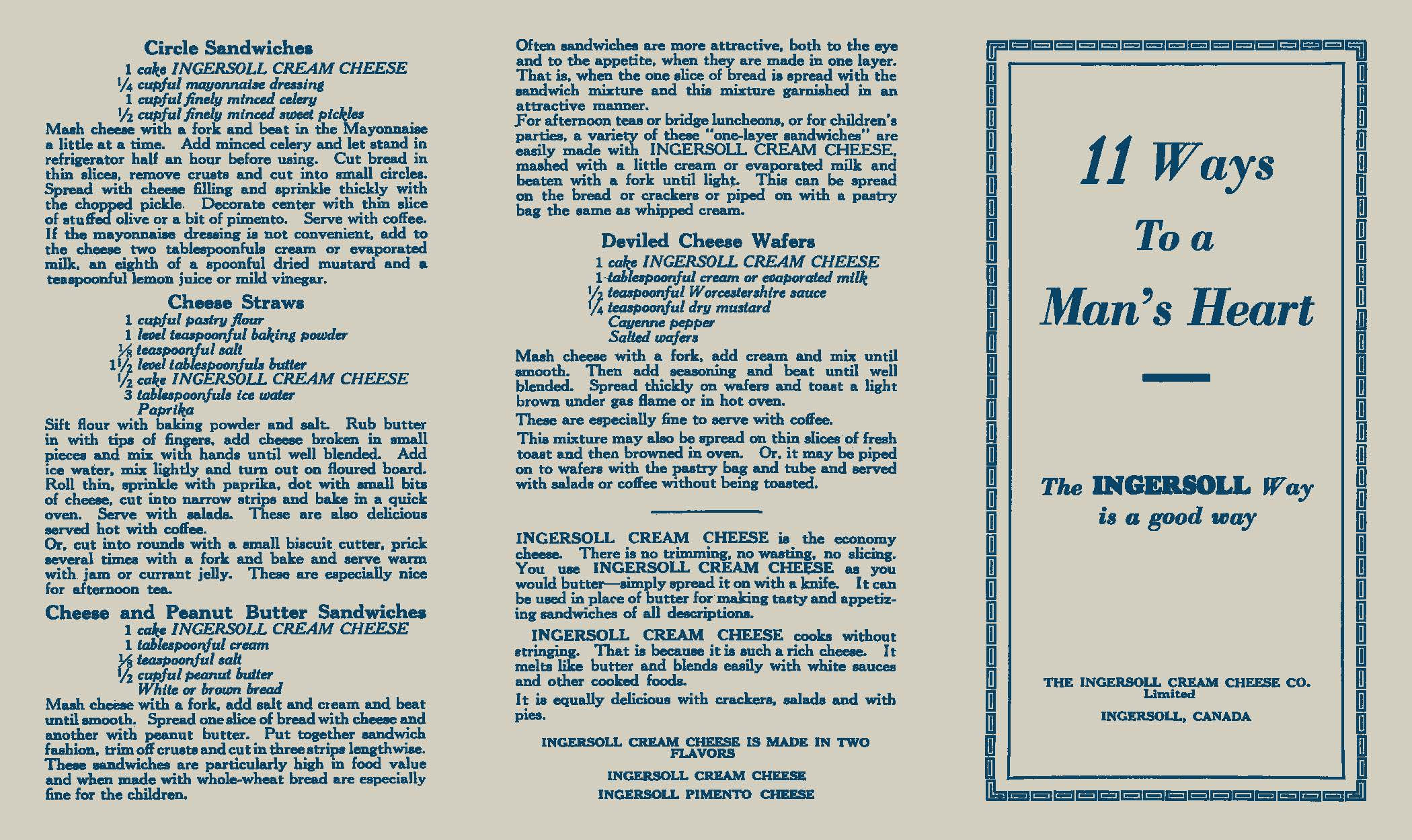Front page of The Ingersoll Cream Cheese Co pamphlet "11 ways to a man's heart.".