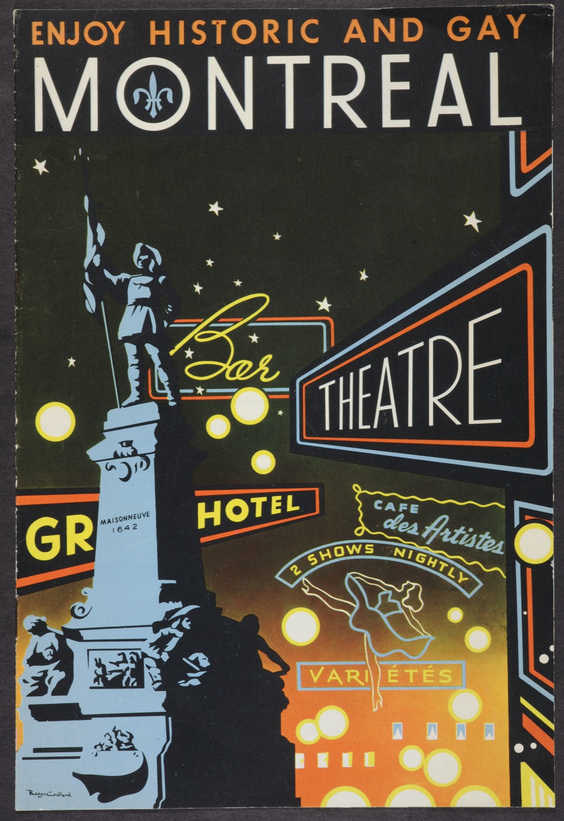 Front cover of 'Enjoy historic and gay Montreal' pamphlet published by the Montreal Tourist & Convention Bureau in the 1950s.