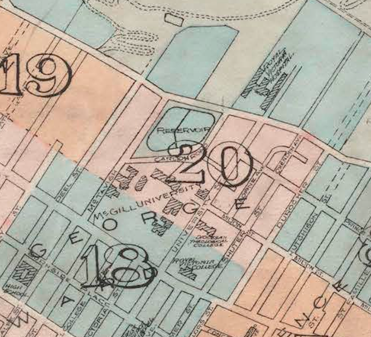 Close of up Plate 18 & 20. City of Montreal key plans showing arrangement of plates. Canada 1912. By Chas. E. Goad Co. Civil Engineers. 