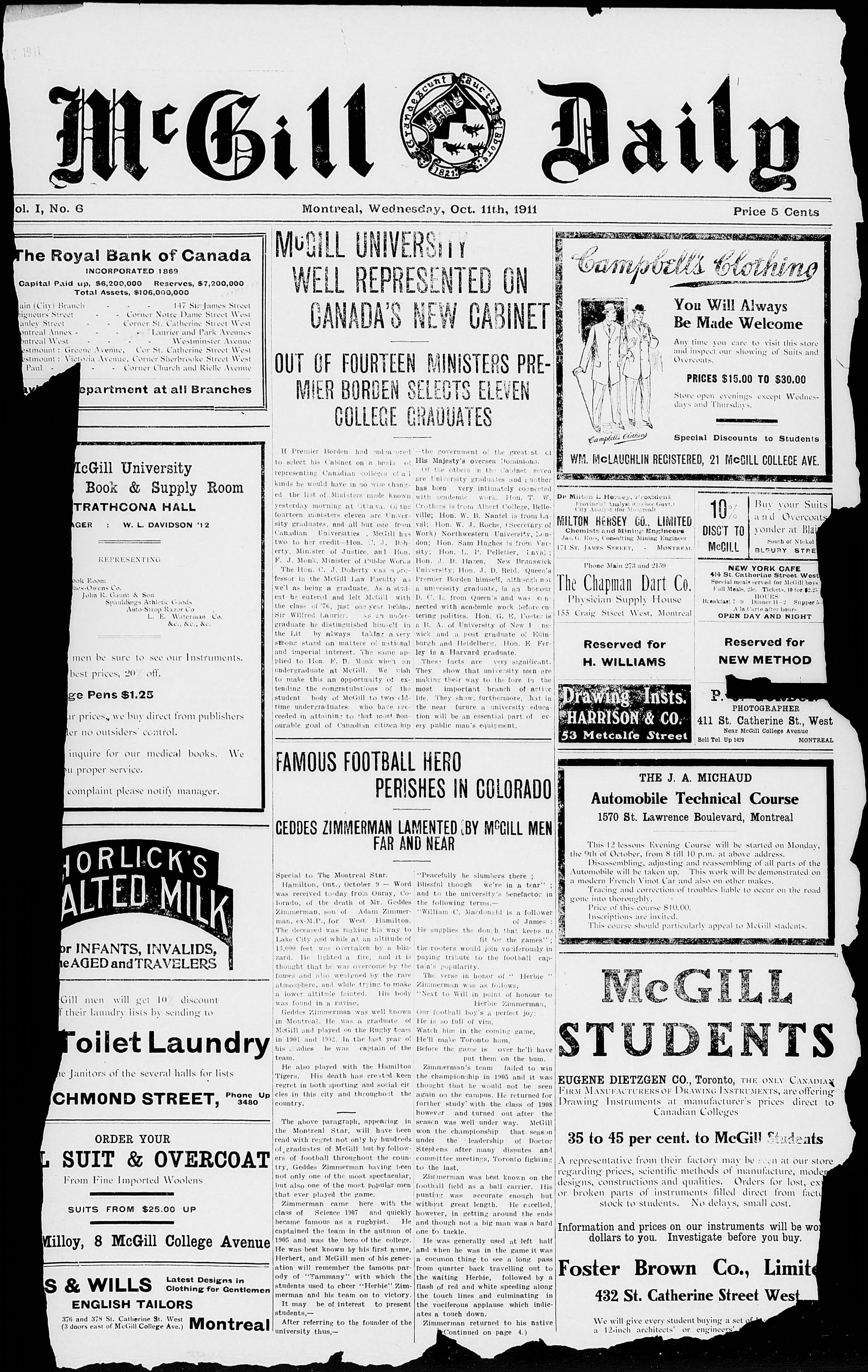 Front page of The McGill Daily Vol. 01 No. 6: October 11, 1911