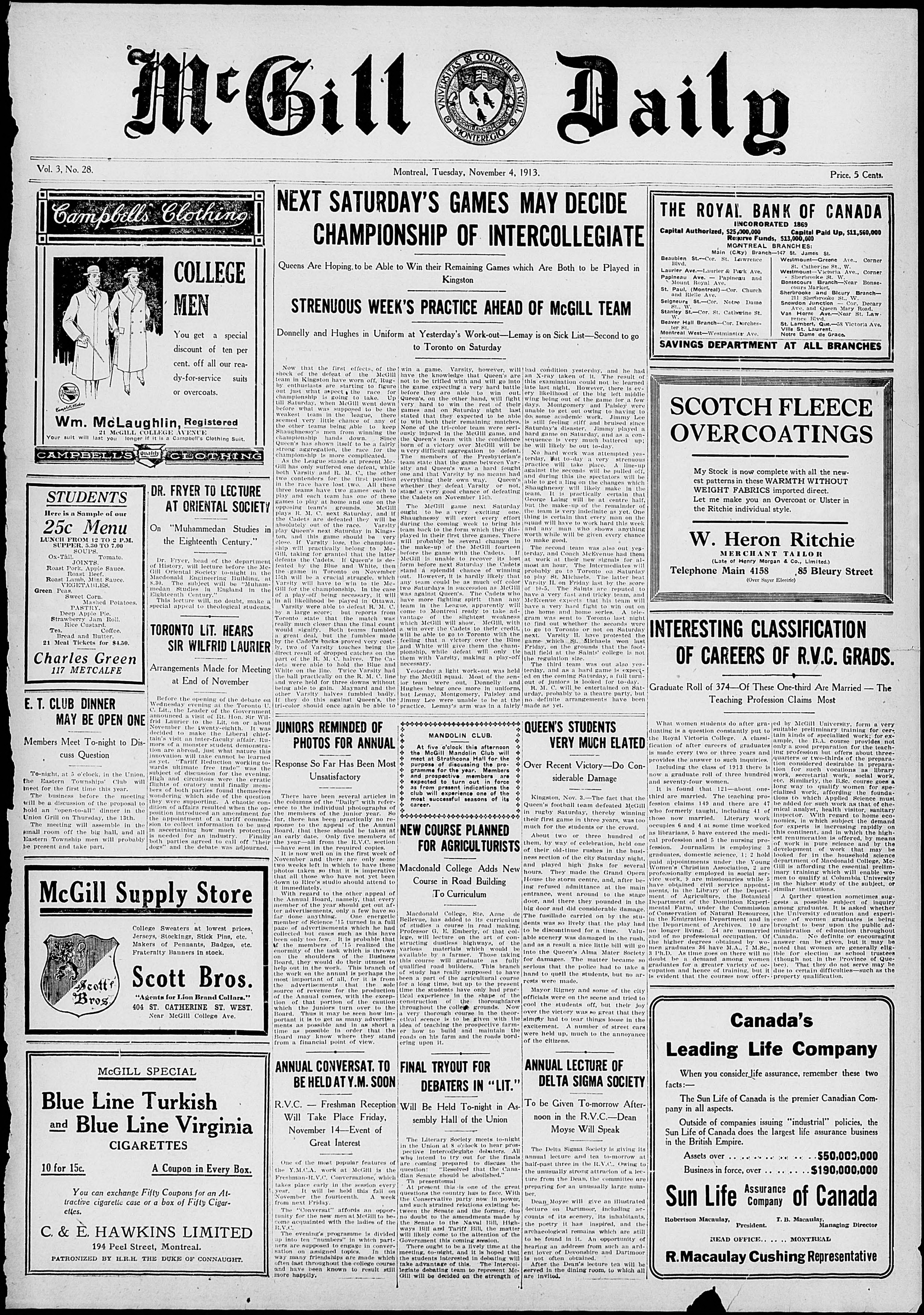 Front page The McGill Daily Vol. 03 No. 028: November 4, 1913
