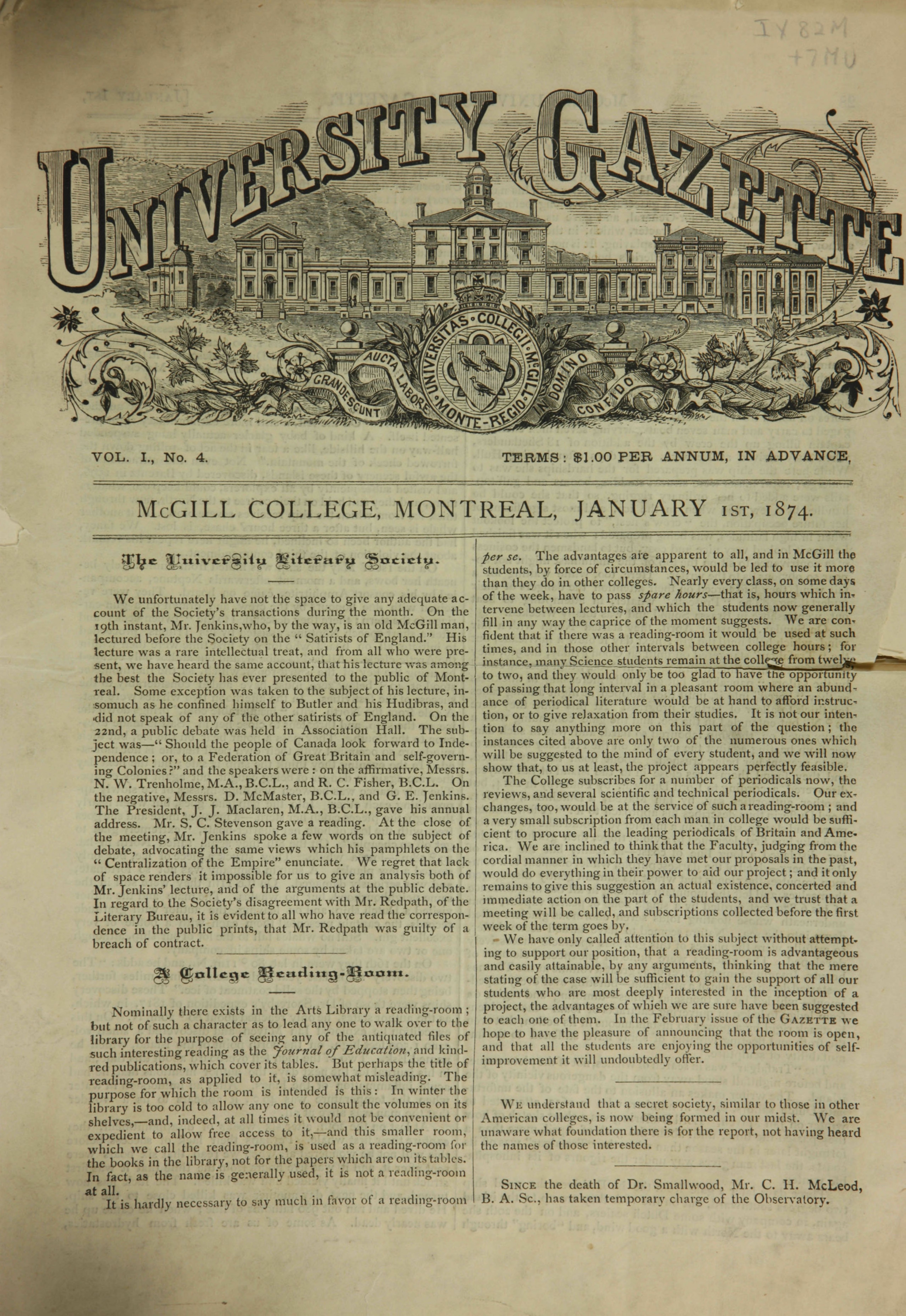Front page of the University Gazette Vol. 01 No. 04: January 1, 1874