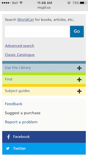 McGill Library home page viewed on a mobile device