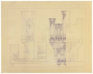 Redpath Hall Organ, McGill University, Montreal, PQ: Front and side view with cross section