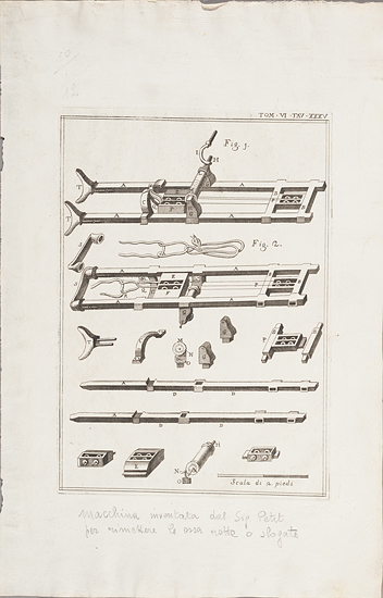 Engraving of medical instruments, likely to replace broken bones, by Carlo Cesi, 1626-1686. From the Osler Library Prints Collection, OPF000047.