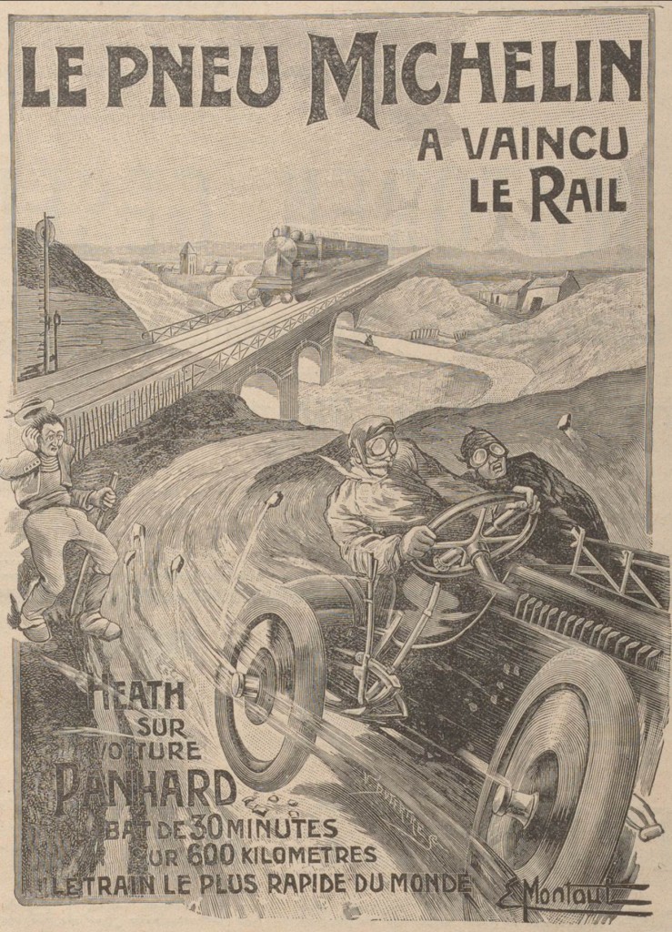 The Michelin tire beats the train! From a poster by Ernest Montaut, 1905.
