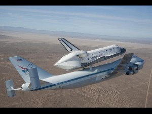 Space Shuttle Endeavour on top of NASA's Shuttle Carrier Aircraft above California