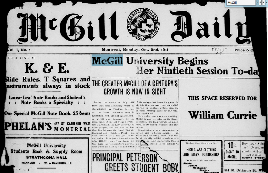 Searching the first issue of the McGill Daily  (1911). 