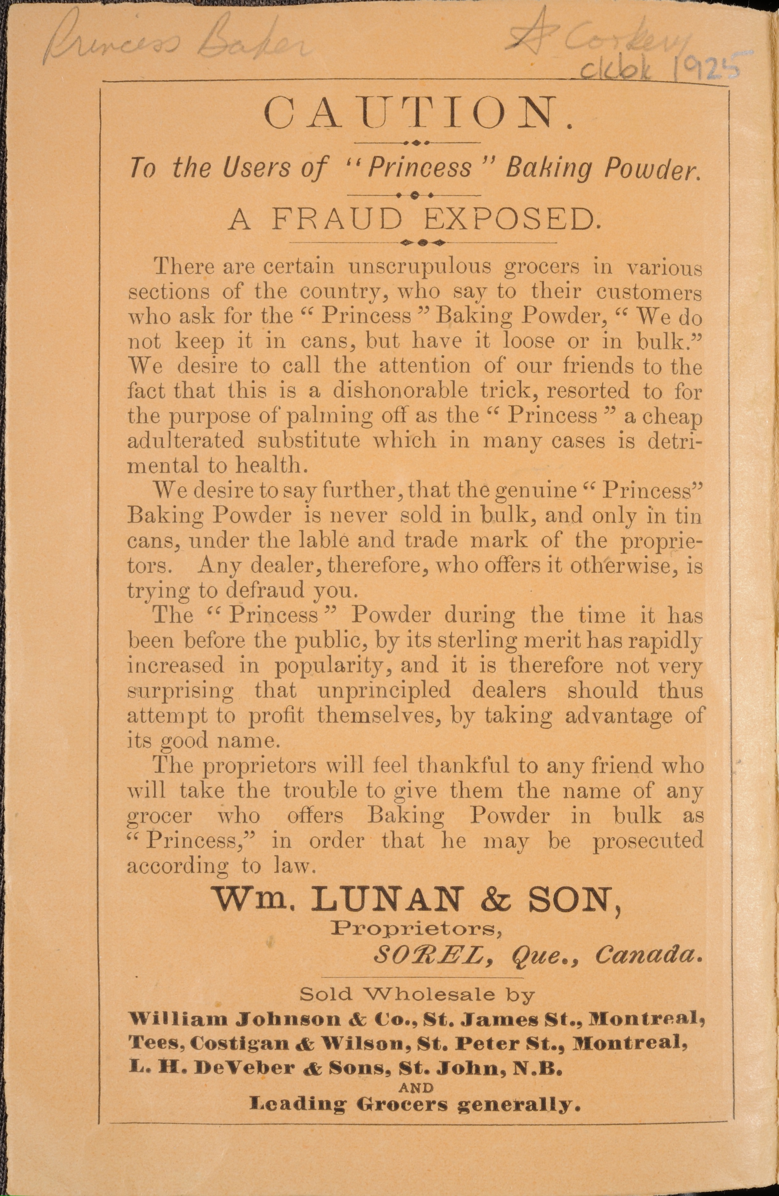 Inside cover. William Lunan & Son. (1879). The princess baker.