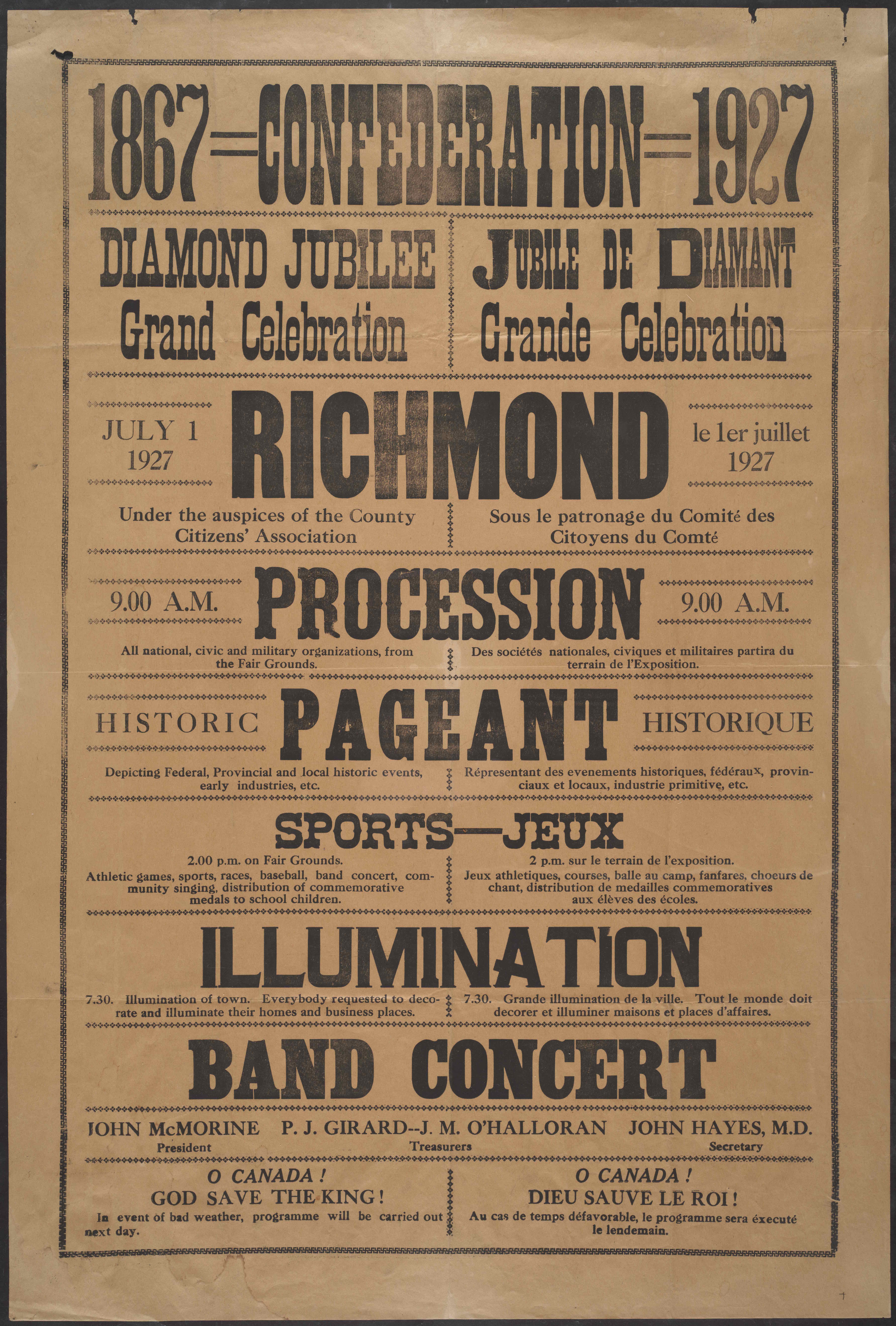 Richmond County Citizens' Association (Québec). (1927). Confederation, 1867-1927: Diamond jubilee grand celebration, July 1st, 1927, Richmond, under the auspices of the County Citizens' Association.