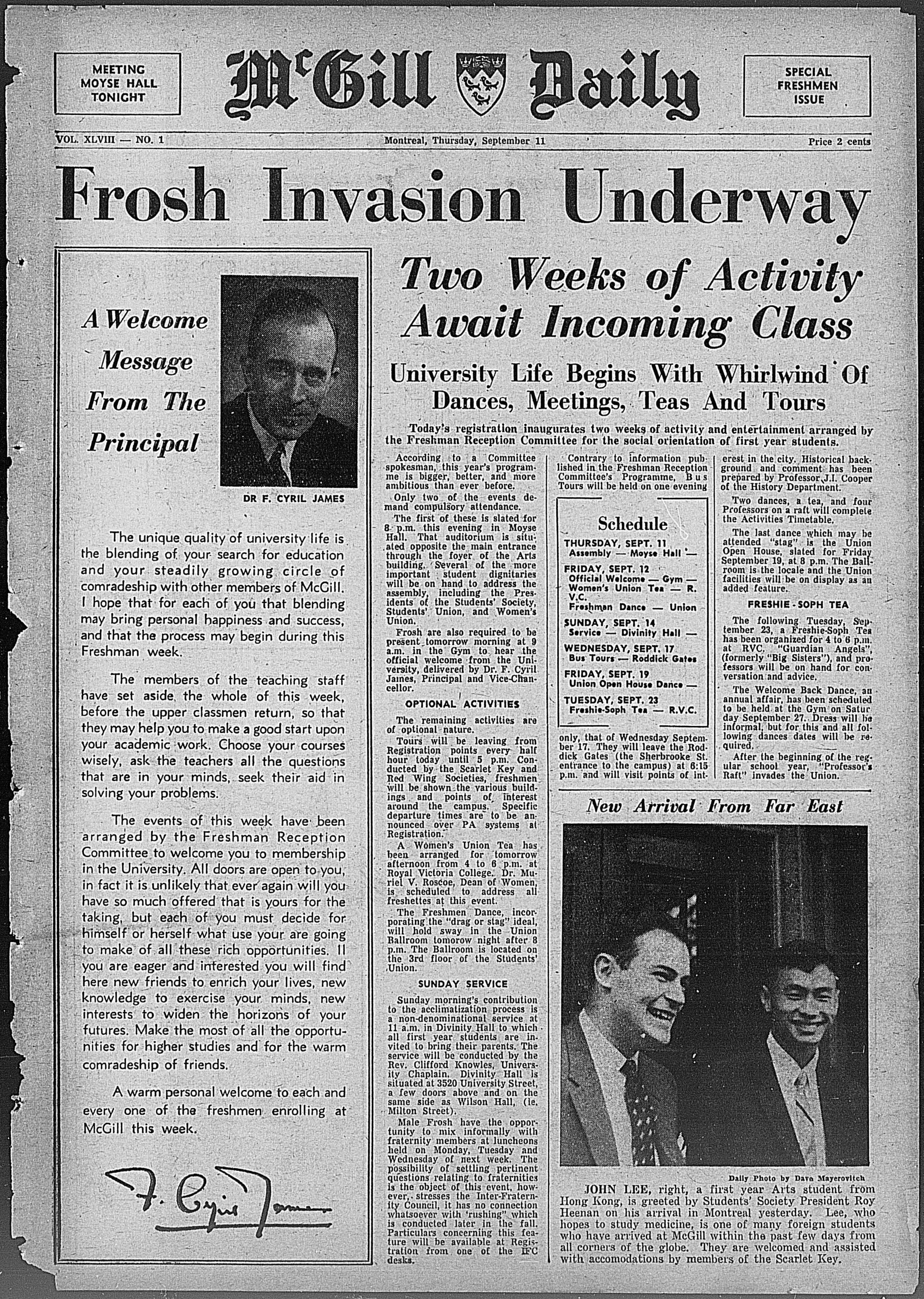 Front page of The McGill Daily Vol. 48 No. 001: September 11, 1958 September 11, 1958 - Special Freshman Issue https://archive.org/details/McGillLibrary-mcgill-daily-v48-n001-september-11-1958-10430