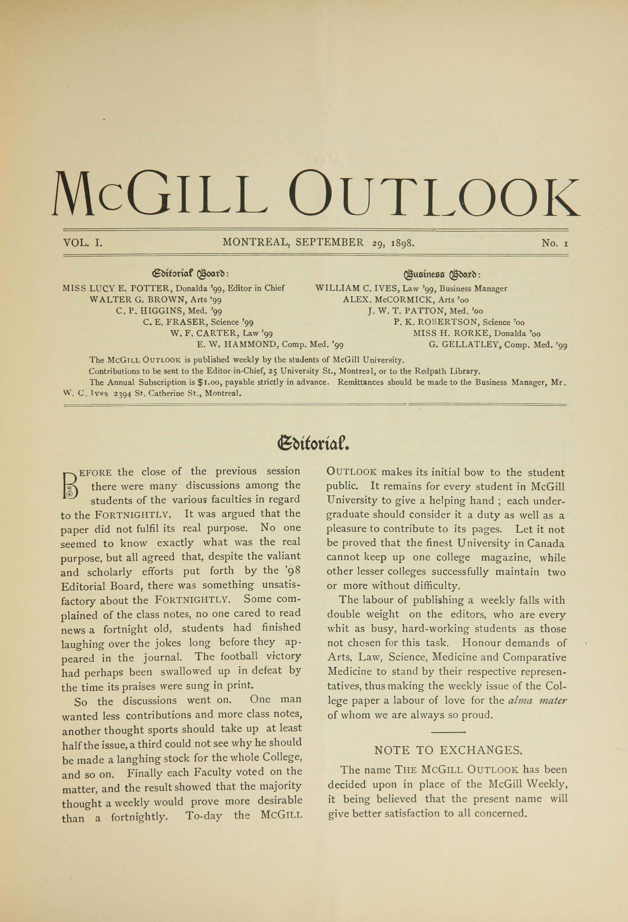 McGill Outlook Vol. 01 No. 01: September 29, 1898