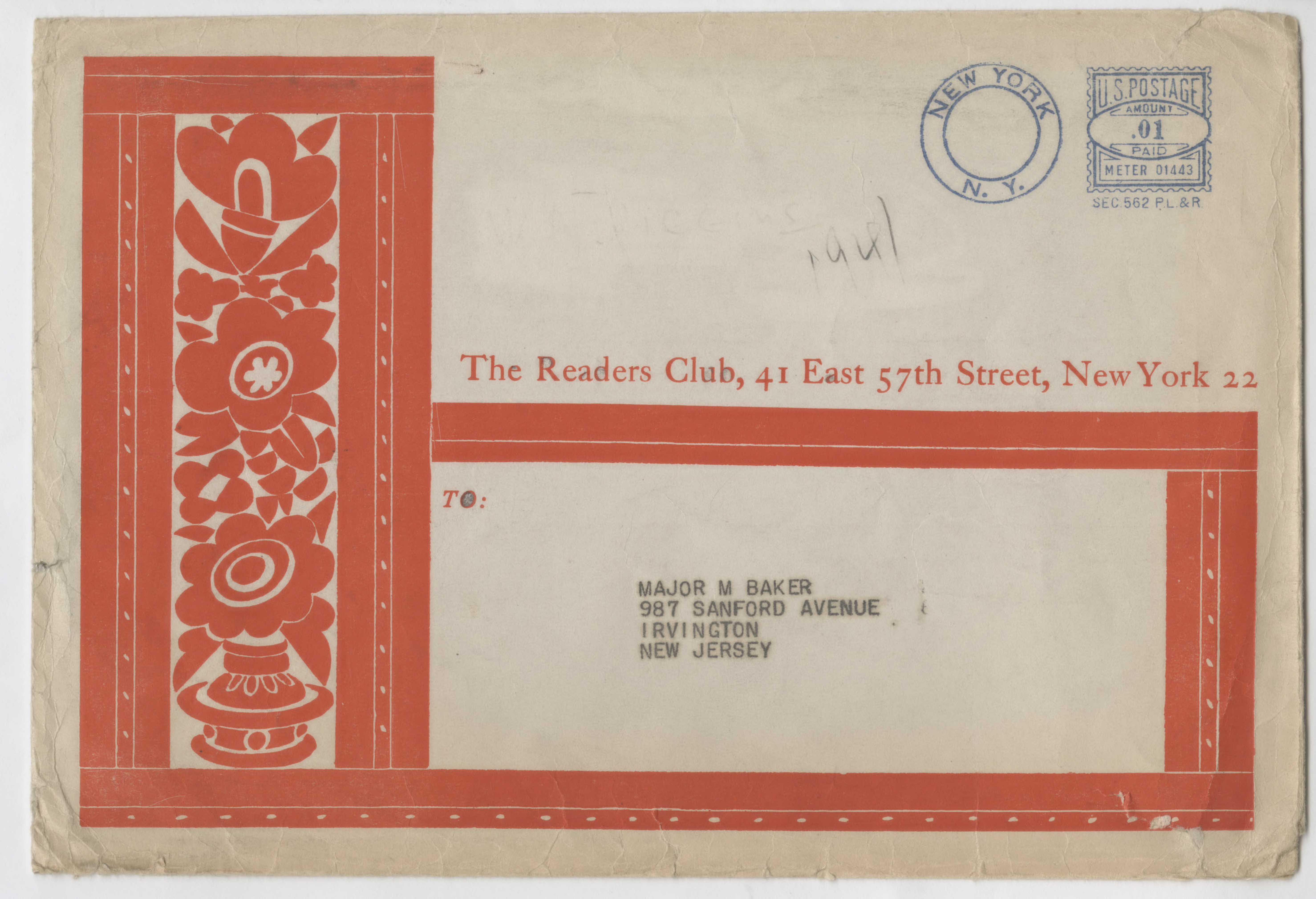 Mailing envelope designed by W.A. Dwiggins for the Readers Club. 1941.
