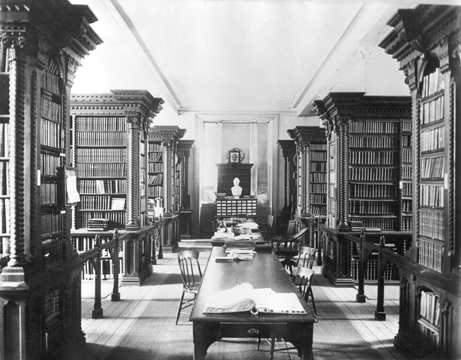Interior of the McGill University Library in Molson Hall, approximately 1885