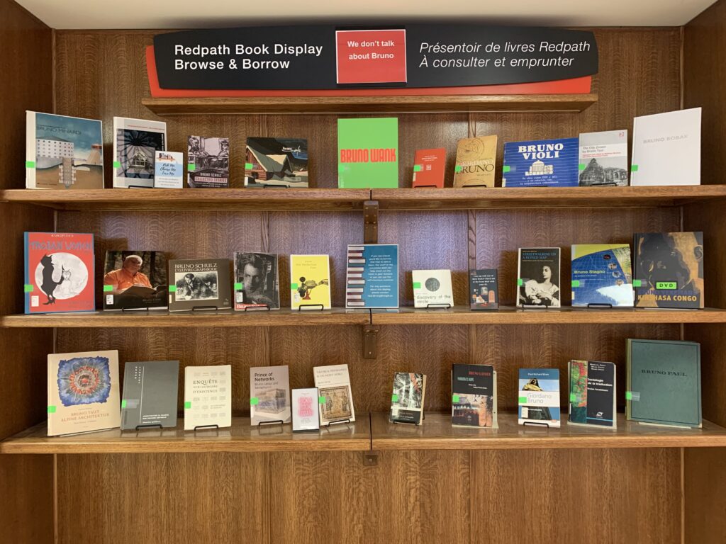 Redpath Book Display shelves filled with books that either have Bruno on their covers or as an author.