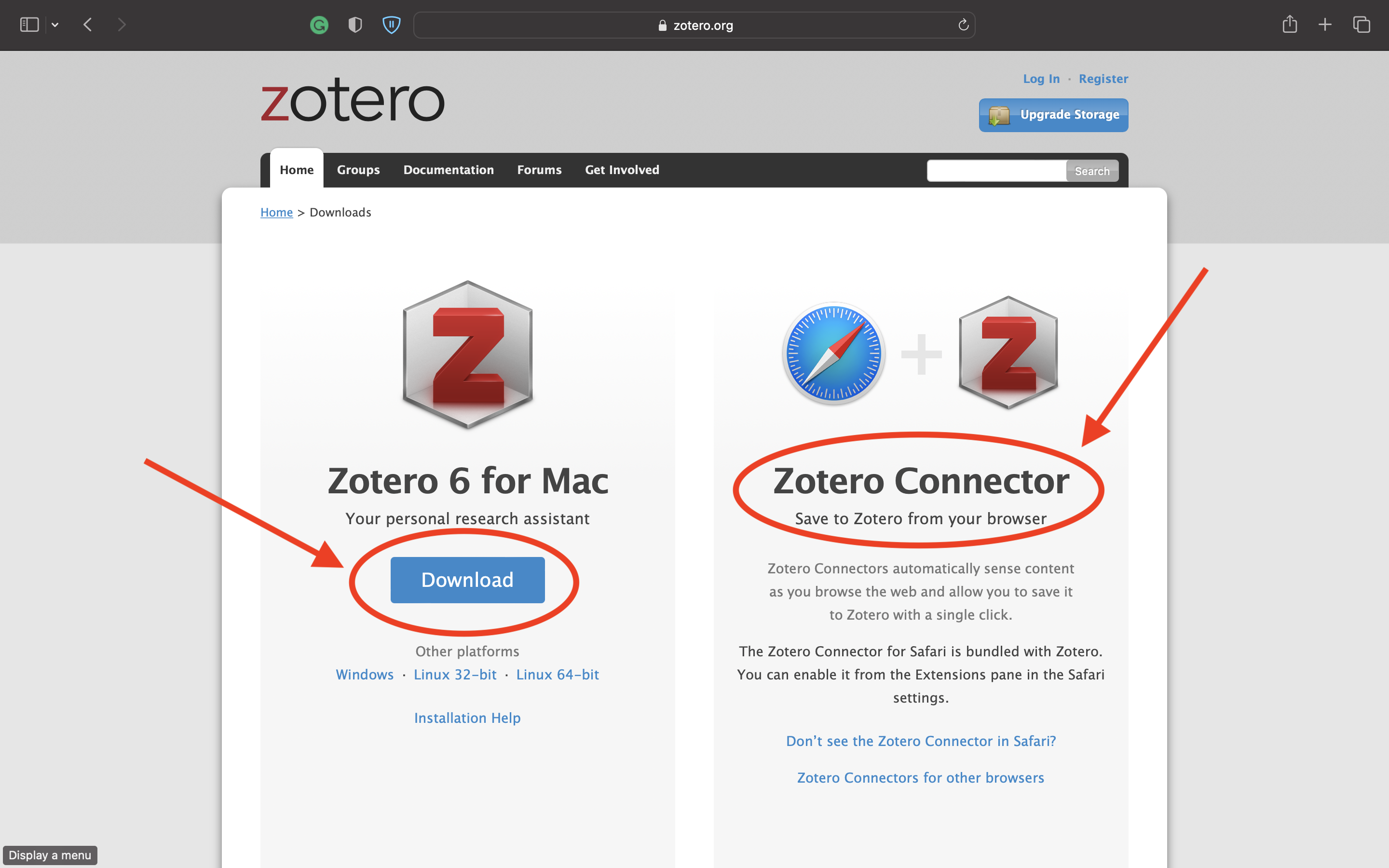 Zotero home page after pressing the Download button on the previous page. Two light grey panels alongside each other. The panel to the left reads "Zotero 6 for Mac", with a light blue Download button below. The panel to the right reads "Zotero Connector" and describes the need for downloading a connector to save materials from you browser directly into Zotero.