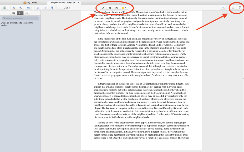 Separate window with PDF file opened in Zotero Library. Most of the window is covered by the text in the PDF file. A thin panel over the top page on the PDF shows four icons, each a different tool for annotation. On the top right corner of the window (on the same thin panel) are icons for the Notes feature.