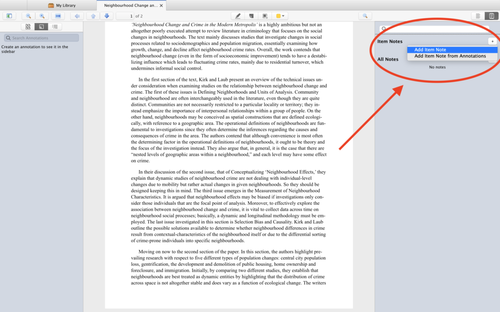 Separate window with PDF file opened in Zotero Library. Most of the window is covered by the text in the PDF file. To the top right is a box reading "Add Item Note" in dark blue, indicating that it has been selected. 