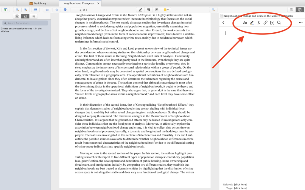 Separate window with PDF file opened in Zotero Library. Most of the window is covered by the text in the PDF file. To the right of the text, is a white panel with a toolbar showcasing six different tools for note taking.
