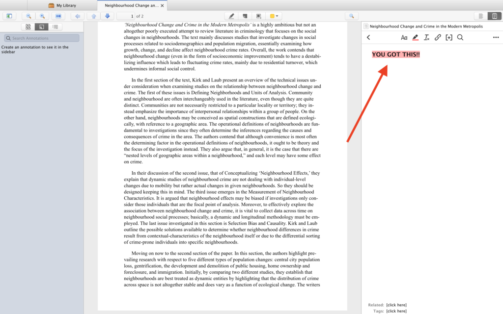 Separate window with PDF file opened in Zotero Library. Most of the window is covered by the text in the PDF file. Panel to the right reads "YOU GOT THIS!!" in bold and pink highlighted text.