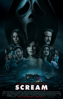 Scream movie poster for the 2022 film. Tagline: the killer is on this poster. In the background are floating heads of all the main actors with Ghost Face looming above them.