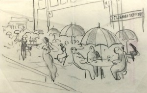 Arthur Lismer (1885-1969) Forecast of the new library terrace [1952] Pencil on paper, McGill University Faculty Club stationary